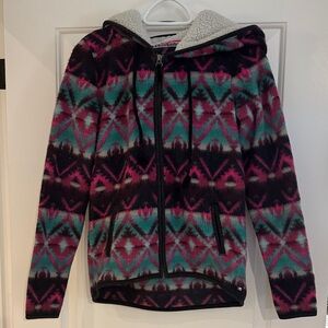 American Eagle Colorful Geometric Patterned Zip-Up Hoodie with Sherpa Fleece